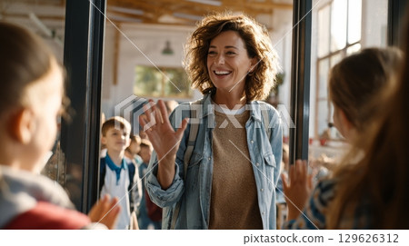 Smiling teacher entering classroom and greeting elementary school students Smiling teacher entering classroom and greeting elementary school students 129626312