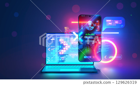 Design mobile app for phone on laptop. Mobile application software development. Website or application design on screen of smartphone connected to laptop with app development environment on screen. 129626319