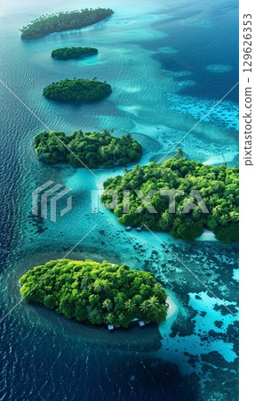 aerial view of lush tropical island surrounded by vibrant turquoise waters of sea or ocean and coral reefs during the day aerial view of lush tropical island surrounded by vibrant turquoise waters of sea or ocean and coral reefs during the day 129626353