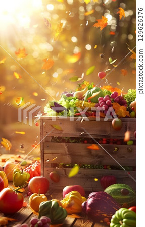 Harvest basket overflowing with fresh vegetables and autumn leaves in sunny forest setting during fall 129626376