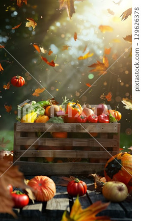 Harvest basket overflowing with fresh vegetables and autumn leaves in sunny forest setting during fall 129626378