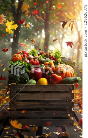 Harvest basket overflowing with fresh vegetables and autumn leaves in sunny forest setting during fall 129626379