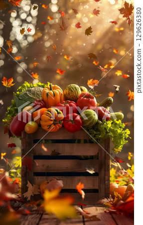 Harvest basket overflowing with fresh vegetables and autumn leaves in sunny forest setting during fall 129626380