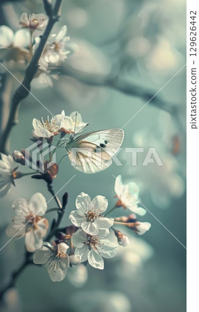 vibrant fluttering butterfly amidst delicate soft cherry blossoms in spring garden 129626442
