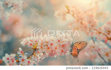 vibrant fluttering butterfly amidst delicate soft cherry blossoms in spring garden 129626443
