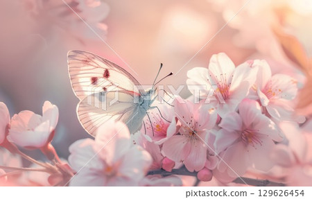 vibrant fluttering butterfly amidst delicate soft cherry blossoms in spring garden 129626454