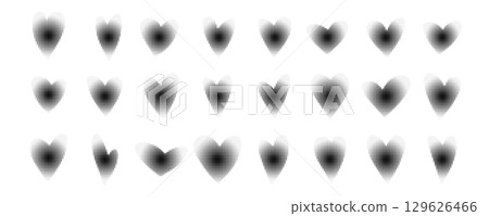 Set of black radial halftone gradient textured hearts for Valentines day greeting cards and banners design. Aesthetic dots half tone heart elements in minimalistic geometric style for romantic decor Set of black radial halftone gradient textured hearts for Valentines day greeting cards and banners design. Aesthetic dots half tone heart elements in minimalistic geometric style for romantic decor 129626466