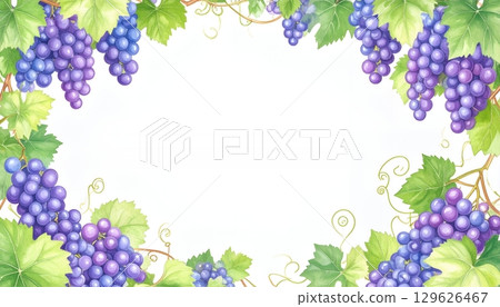 綠葉和葡萄的水彩框架 129626467