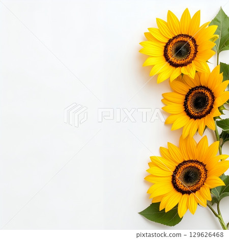 白色背景上垂直排列的三朵向日葵 129626468