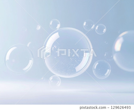 Background of transparent soap bubbles floating in the air 129626493
