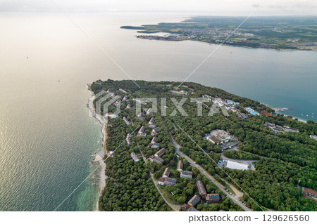 Aerial drone view of resort Lanterna peninsula. Istria, Croatia. Aerial drone view of resort Lanterna peninsula. Istria, Croatia. 129626560