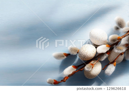 Flat lay Easter composition with a willow branch and eggs on a blue background 129626618