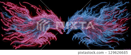A showdown between the red and blue phoenixes born from the flames 129626685