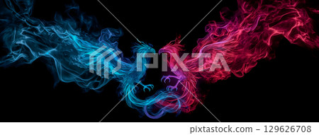 Red and blue phoenix battle, depicted with fire and smoke 129626708