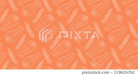 Hand Drawn Outline Salmon Steak and Rosemary twigs Seamless pattern Light on Bright Salmon Backdrop Hand Drawn Outline Salmon Steak and Rosemary twigs Seamless pattern Light on Bright Salmon Backdrop 129626762
