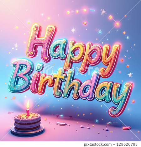 Colorful Happy Birthday text with cake and stars. 129626793