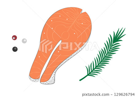 Hand Drawn Salmon Steak Rosemary sprig and allspices. Healthy Food Thematic Cards design element Set 129626794
