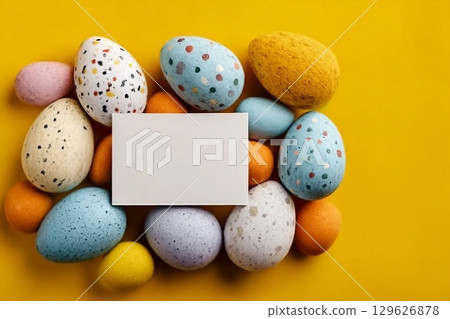 Multi-colored Easter eggs on a yellow spring background. Happy easter. 129626878