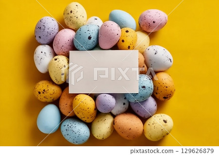 Multi-colored Easter eggs on a yellow spring background. Happy easter. Multi-colored Easter eggs on a yellow spring background. Happy easter. 129626879
