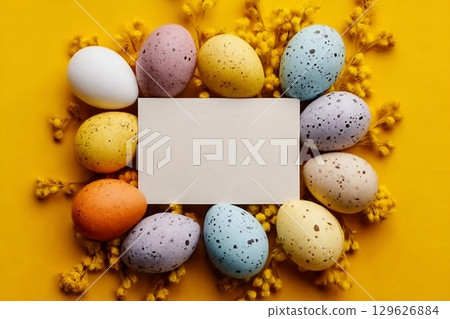 Multi-colored Easter eggs on a yellow spring background. Happy easter. 129626884