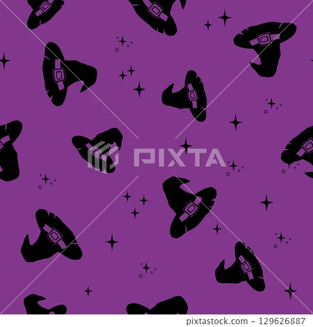 Witch Hat seamless pattern. Mystic magical hand drawn elements. Wizard hat for Halloween. Sketch style. Vector illustration 129626887