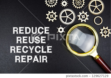 Reduce, Reuse, Recycle, Repair text message with magnifying glass on black background Reduce, Reuse, Recycle, Repair text message with magnifying glass on black background 129627129