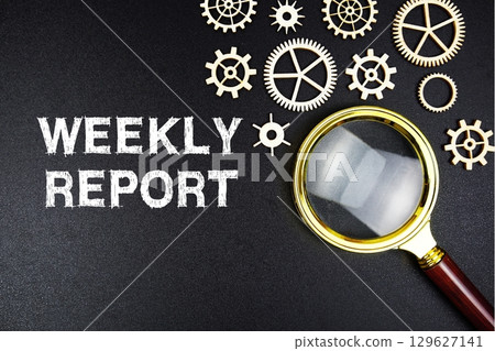 Weekly Report text message with magnifying glass on black background 129627141