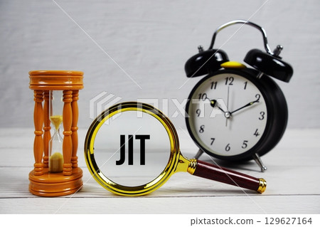 JIT abbreviation of Just In Time text with alarm clock on wooden background JIT abbreviation of Just In Time text with alarm clock on wooden background 129627164