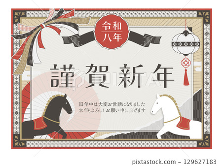 大正浪漫風格黑白馬復古新年賀卡模板橫紅 129627183