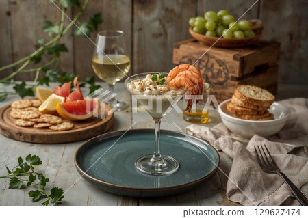 A rustic still life of a shrimp cocktail dinner, complete with a glass of chilled white wine, fresh fruit, and crackers on the side. 129627474