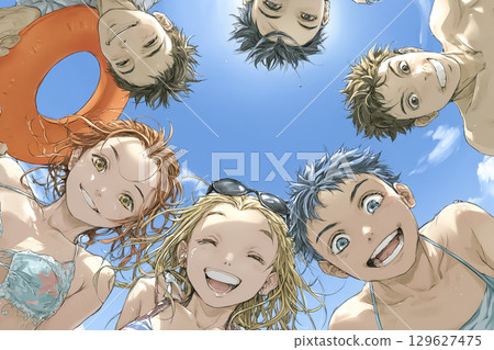 Children having fun with swim rings at the beach in summer, bright blue sky, cheerful smiles, delicately drawn with thin lines in an anime style 129627475