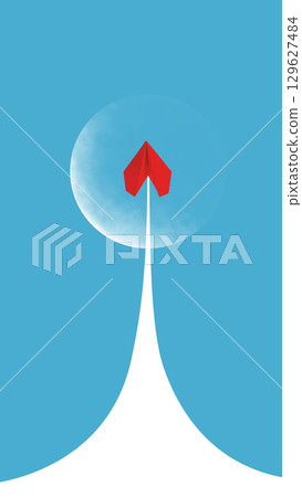 Contemporary collage. Red paper plane shooting upward in clean vertical trail against blue sky Contemporary collage. Red paper plane shooting upward in clean vertical trail against blue sky 129627484