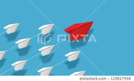 Creative collage. Red paper plane leading white planes on blue background Creative collage. Red paper plane leading white planes on blue background 129627498