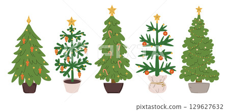 Collection of Christmas spruce trees decorated with baubles, garlands, stars and lights in festive colors. 129627632