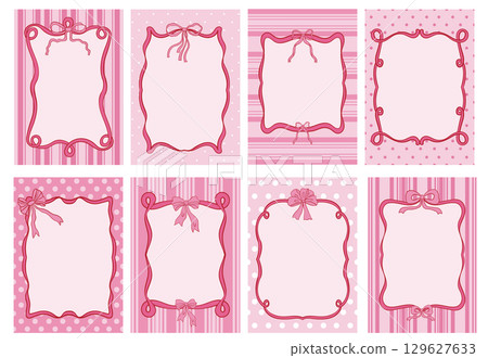 Set of coquette pink posters with delicate patterns, ribbon frames, bows and soft pastel accents in charming hand drawn style. Set of coquette pink posters with delicate patterns, ribbon frames, bows and soft pastel accents in charming hand drawn style. 129627633