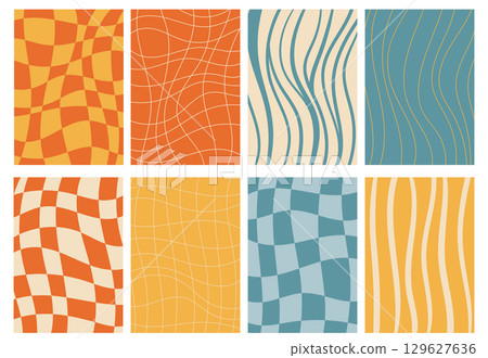 Collection of groovy style cards with bold checkered and striped patterns in flat design, featuring vibrant retro colors. 129627636