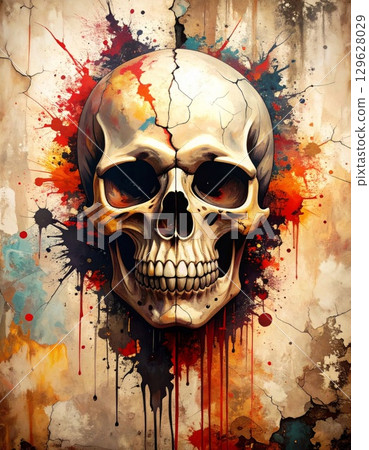 Artistic Skull with Colorful Splatters on Textured Tan Background For Themed Illustration 129628029