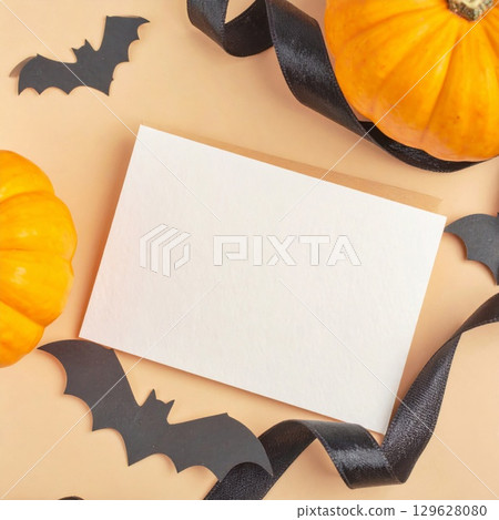 Halloween Flat Lay with Pumpkins Bats and Black Ribbon on Beige Backdrop 129628080
