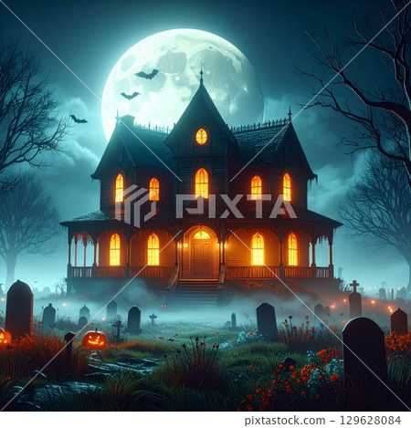 Eerie Haunted House at Night with Foggy Graveyard Bats and a Full Moon 129628084