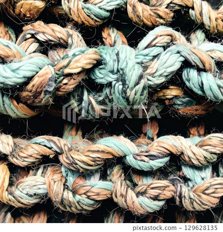 Detailed Macro Shot of Twisted Brown and Blue Nautical Rope Texture Background 129628135