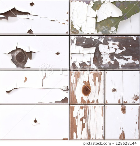 Distressed Wood Panels with Peeling White Paint Texture Background 129628144