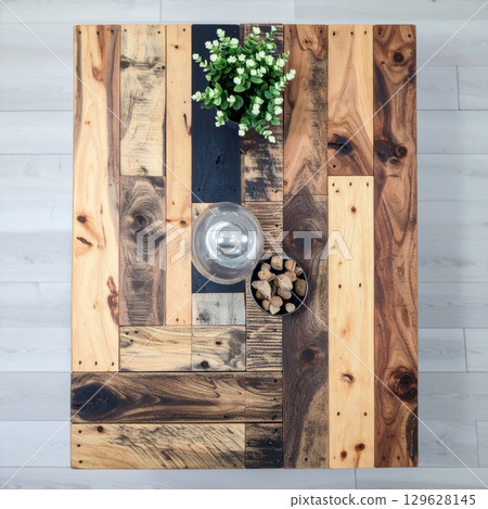 Rustic Wooden Coffee Table with Decorative Plant Sugar and Glass Vase 129628145