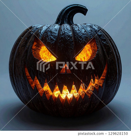 Carved Orange Halloween Pumpkin with Glowing Eyes and Spooky Expression on Grey Backdrop 129628150