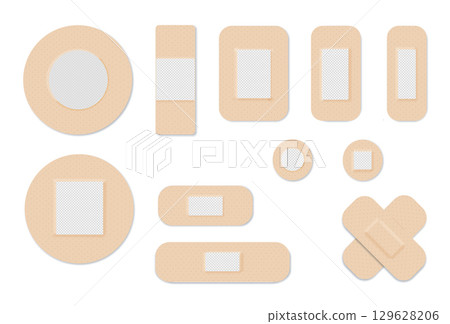 Medical plasters. Bandages set. Adhesive bandage for first aid for wounds operations and skin injuries. Protecting open wound from infection. Vector 129628206