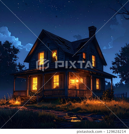 Old House with Glowing Windows Under a Starry Night Sky in a Rural Landscape 129628214