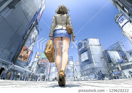 A woman in a suit walking in a business district, morning commute scene, urban with sunlight streaming in, anime style A woman in a suit walking in a business district, morning commute scene, urban with sunlight streaming in, anime style 129628222