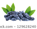 Honeysuckle berry isolated on white background. Fresh honeysuckle blue berry fruits with green leaves. Clipping path. 129628240