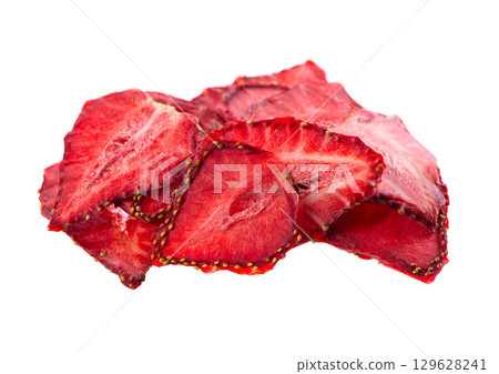 Dried strawberry slices isolated on white background. Dehydrated strawberries chips. Clipping path. 129628241