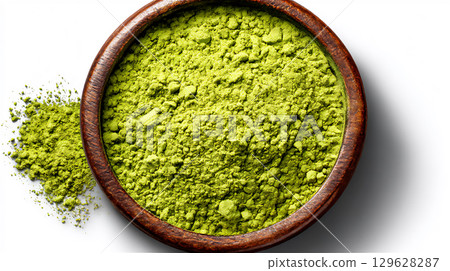 木碗裡的抹茶粉，綠色粉末 129628287