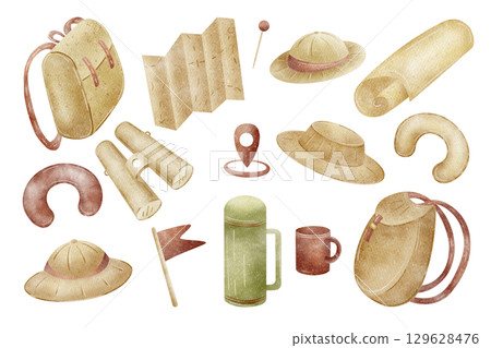 Set of watercolor illustrations of tourist items, traveler accessories, outdoor recreation. Backpack, map, cup, blanket, hat, binoculars in children's cartoon style isolated on background for design Set of watercolor illustrations of tourist items, traveler accessories, outdoor recreation. Backpack, map, cup, blanket, hat, binoculars in children's cartoon style isolated on background for design 129628476